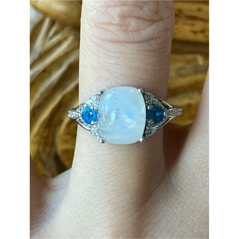 Rainbow Moonstone Blue Apatite Sterling Silver Ring Size 7.75